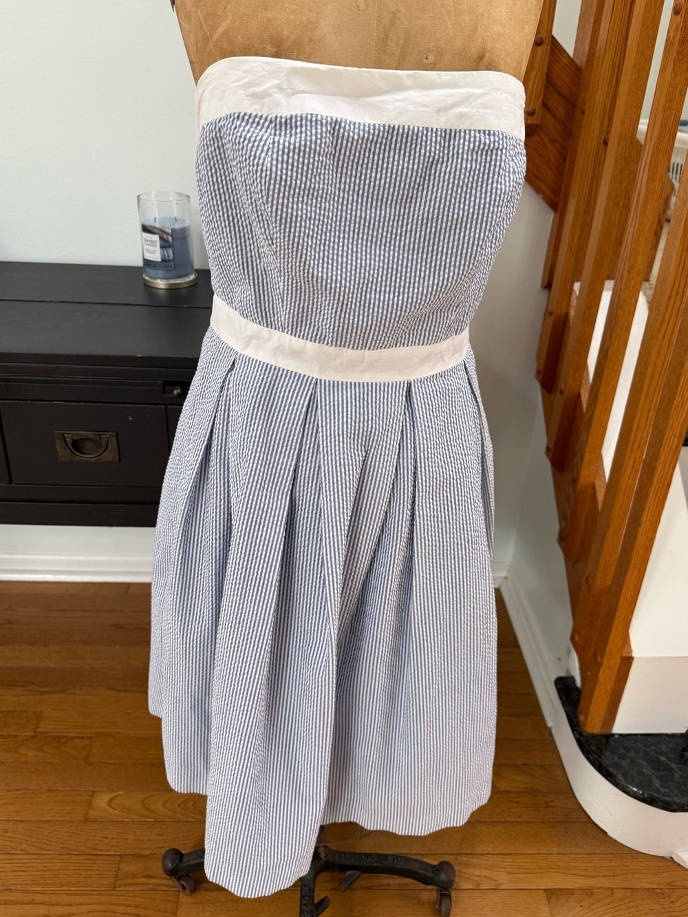 Paraphrase Strapless Blue and White Seersucker Dress